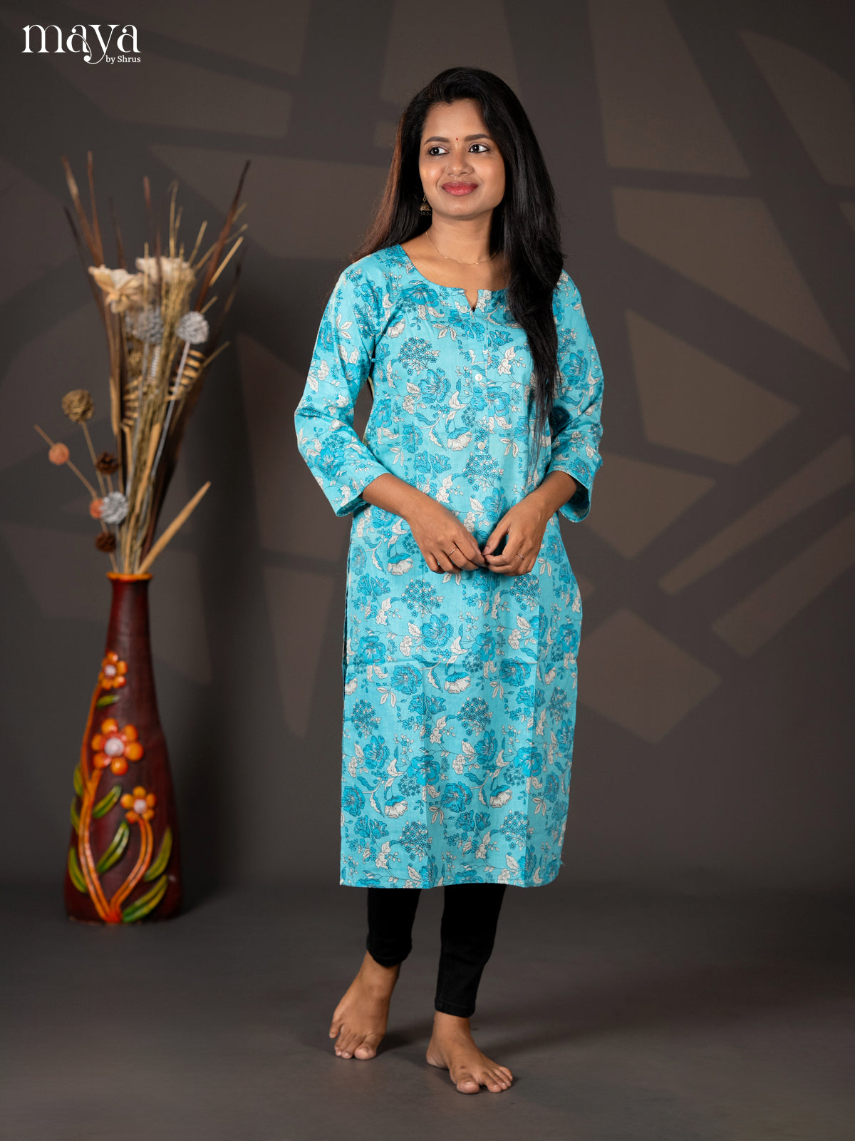 Ice Blue Floral Printed Cotton Straight Kurti