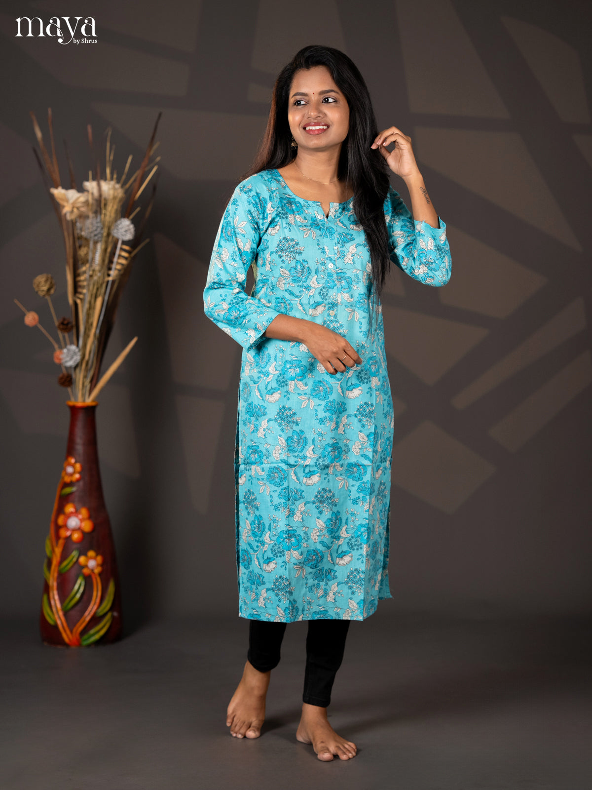 Ice Blue Floral Printed Cotton Straight Kurti