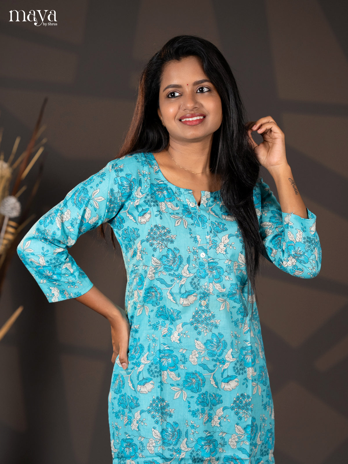 Ice Blue Floral Printed Cotton Straight Kurti