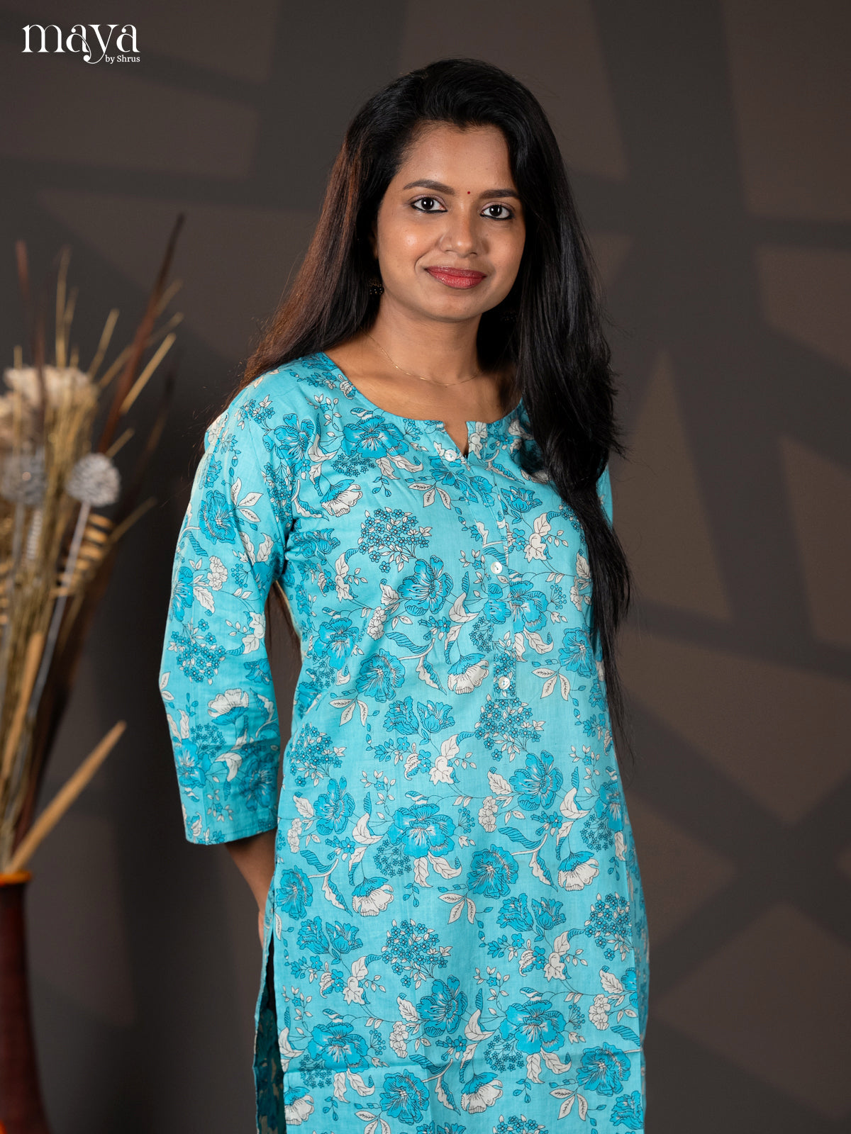 Ice Blue Floral Printed Cotton Straight Kurti
