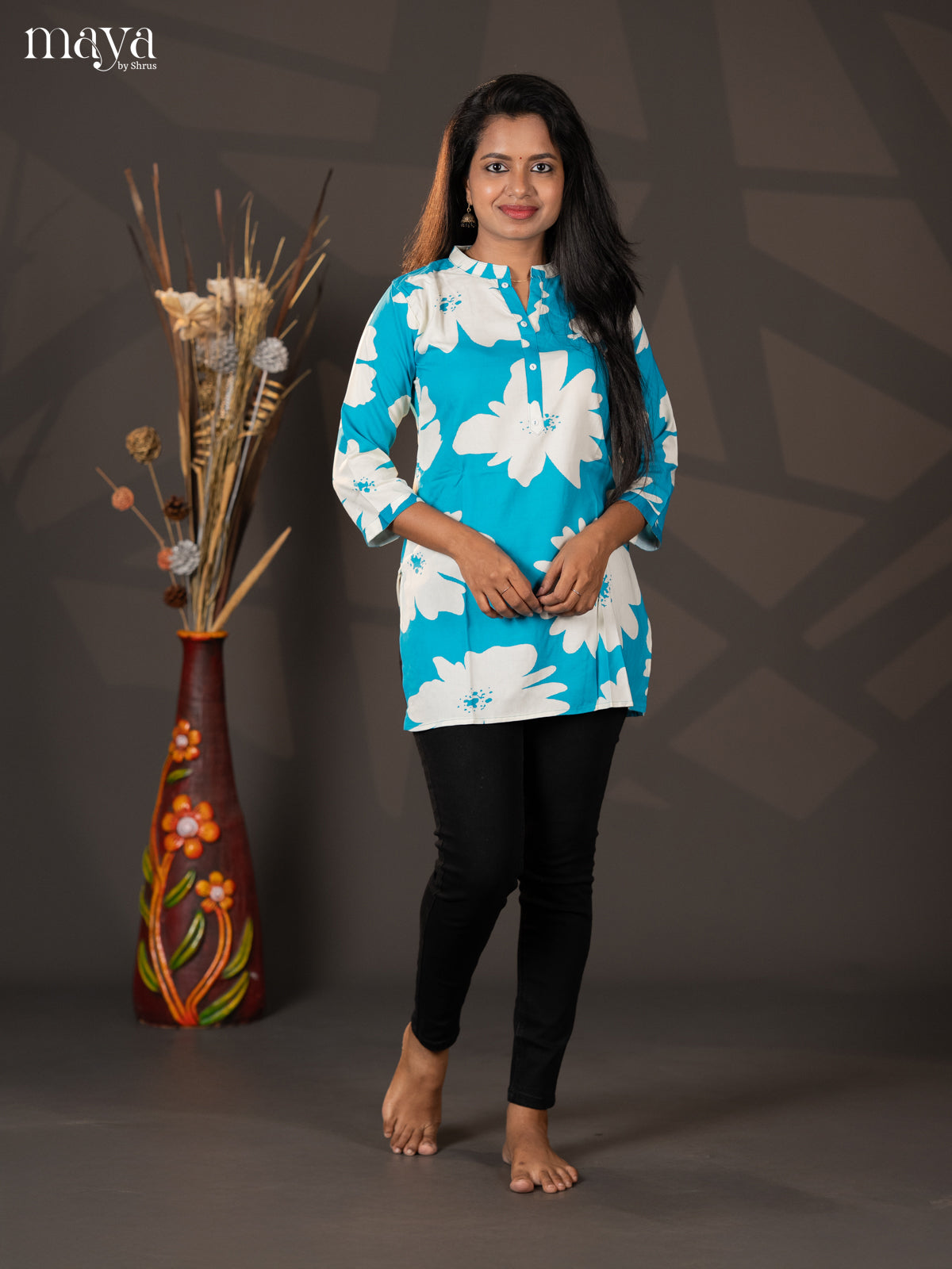Blue Floral Printed Rayon Short Straight Kurta