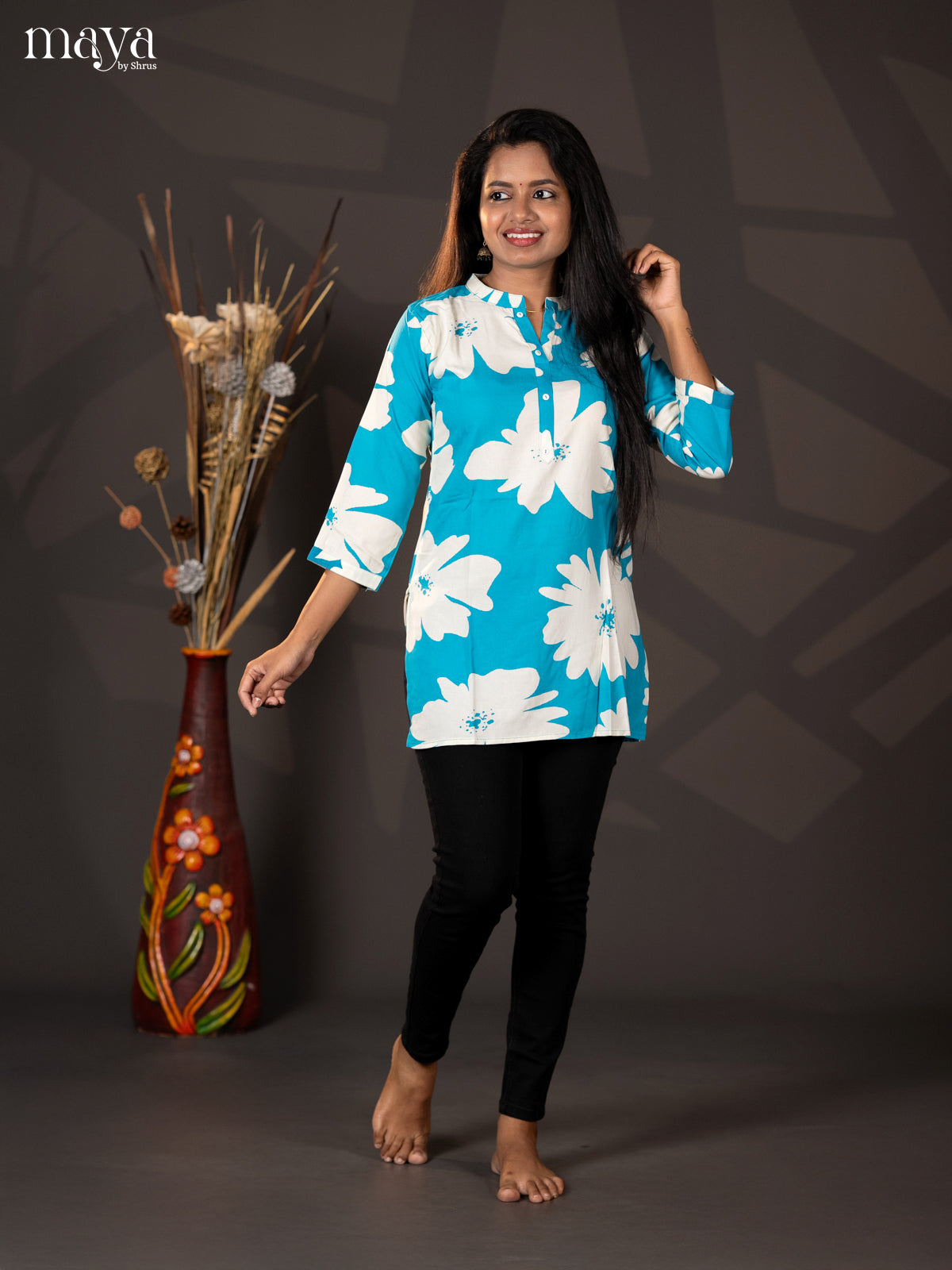 Blue Floral Printed Rayon Short Straight Kurta