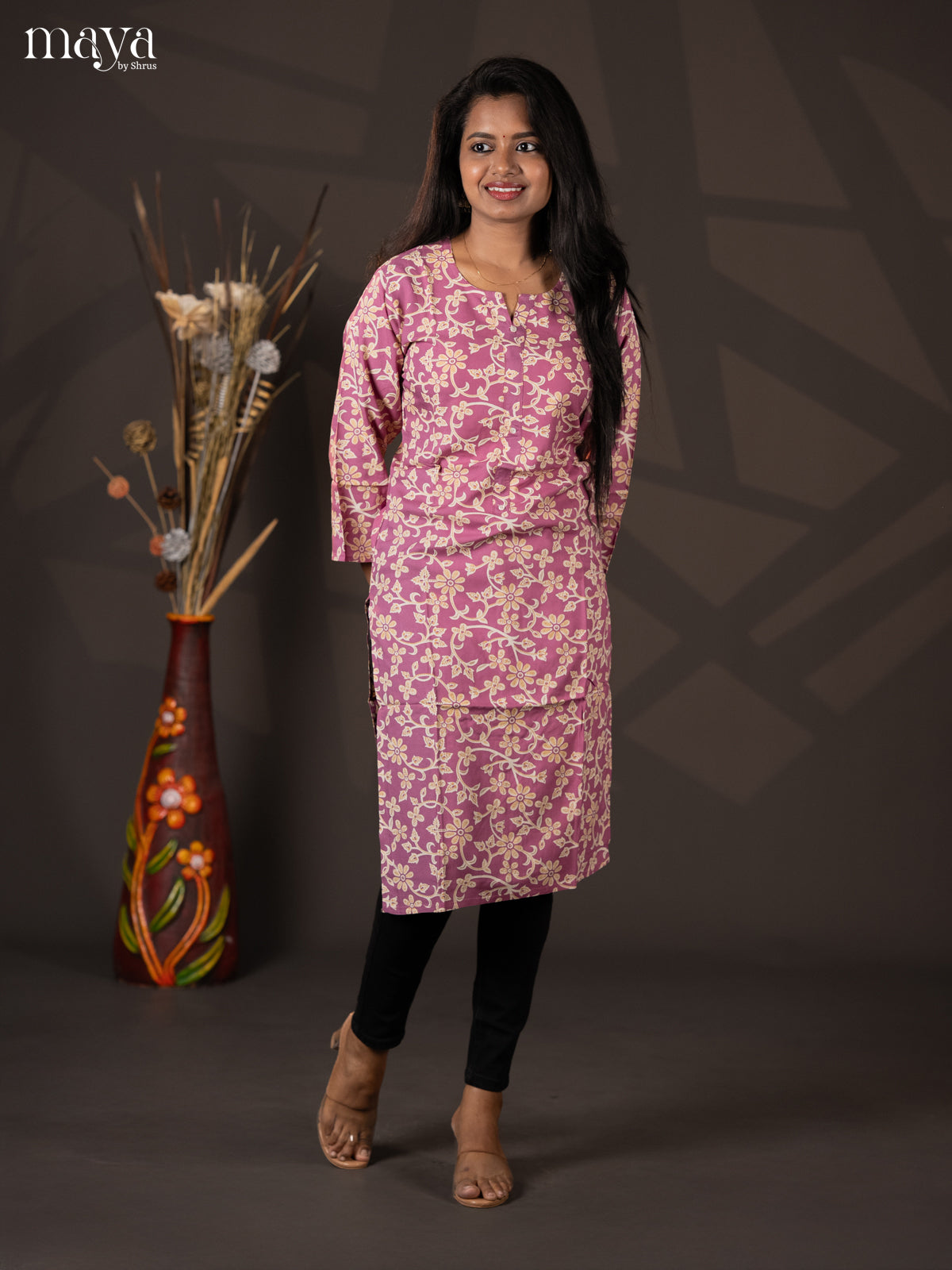 Onion Pink Floral Printed Rayon Straight Kurti