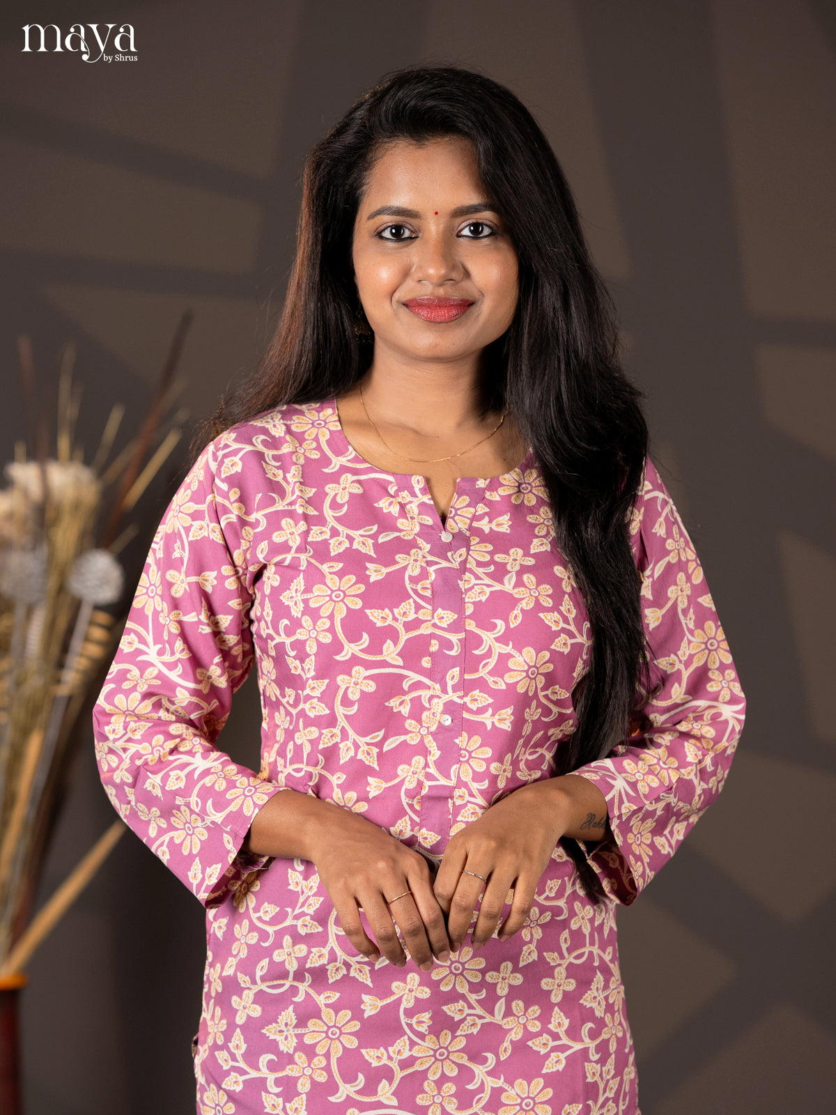 Onion Pink Floral Printed Rayon Straight Kurti
