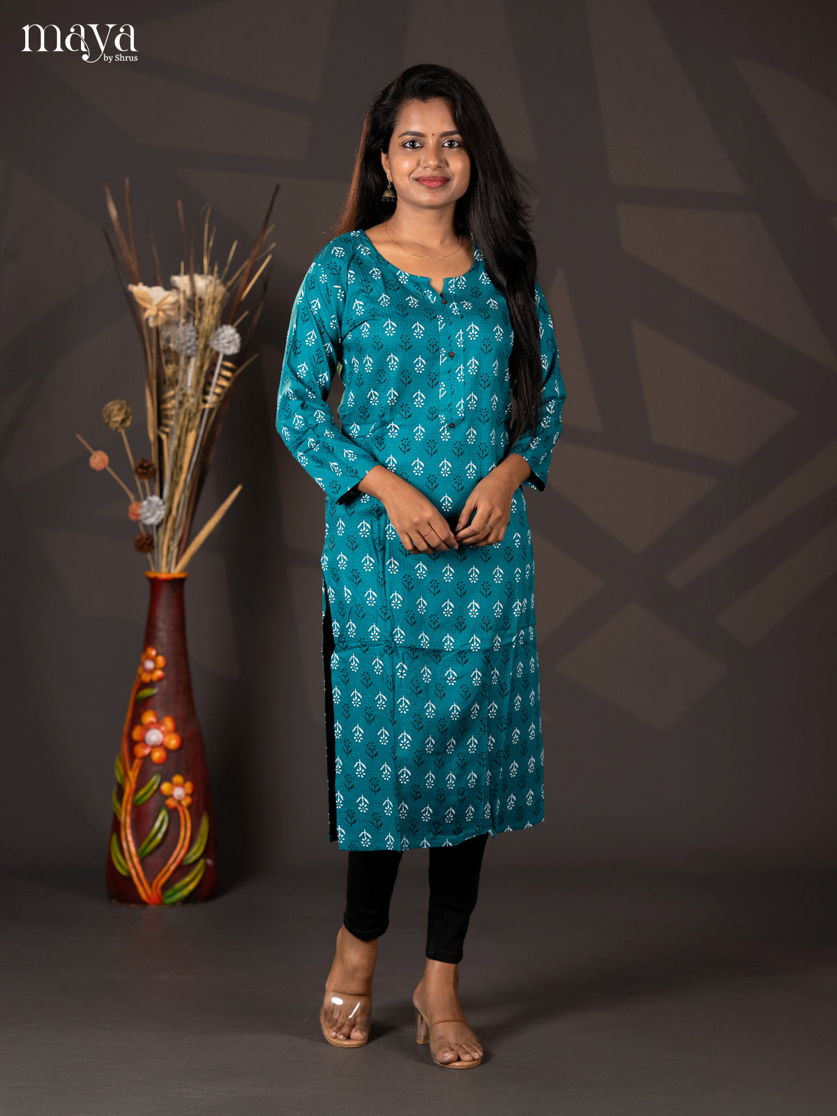 Teal Green Floral Printed Rayon Straight Kurti