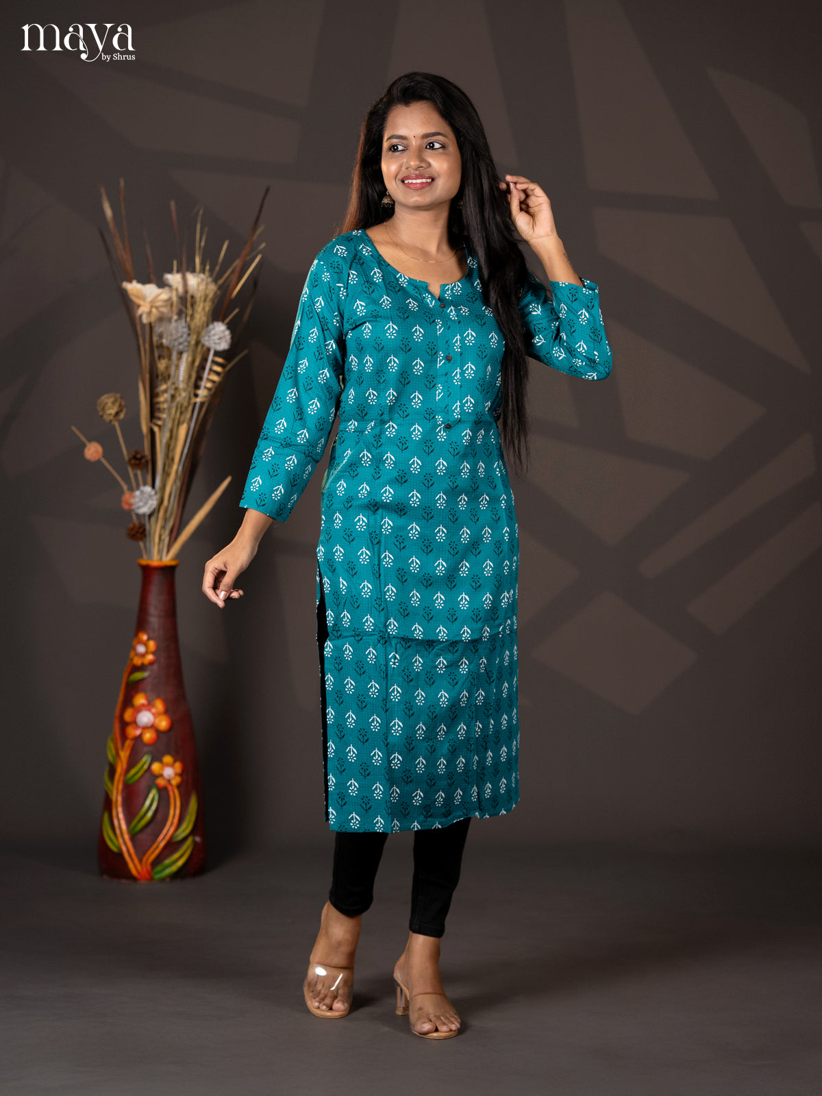 Teal Green Floral Printed Rayon Straight Kurti