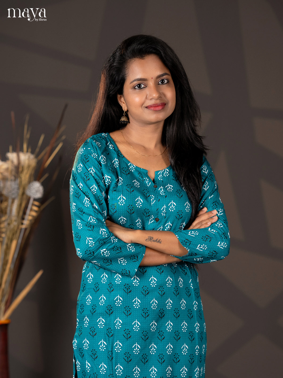 Teal Green Floral Printed Rayon Straight Kurti