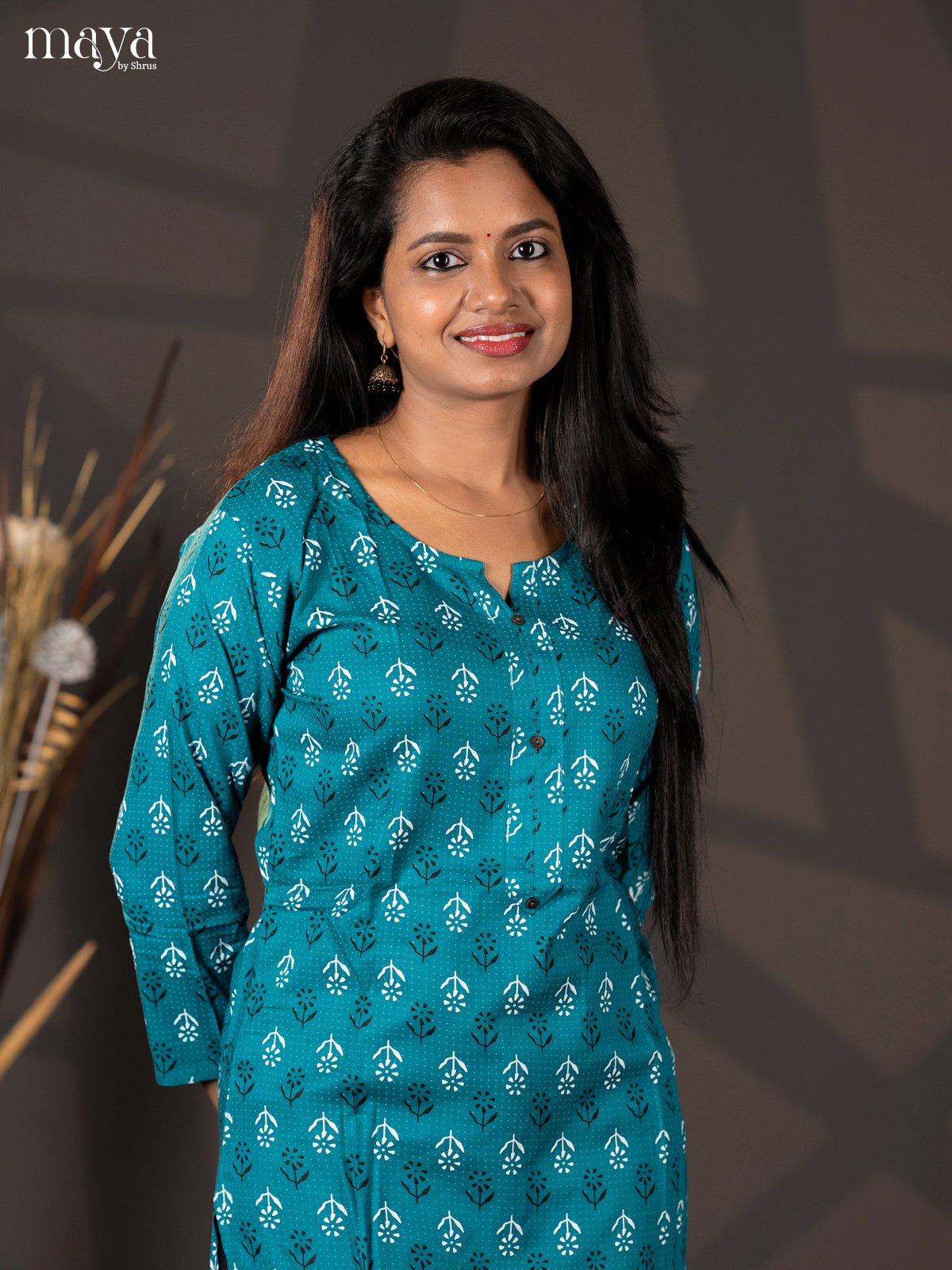 Teal Green Floral Printed Rayon Straight Kurti