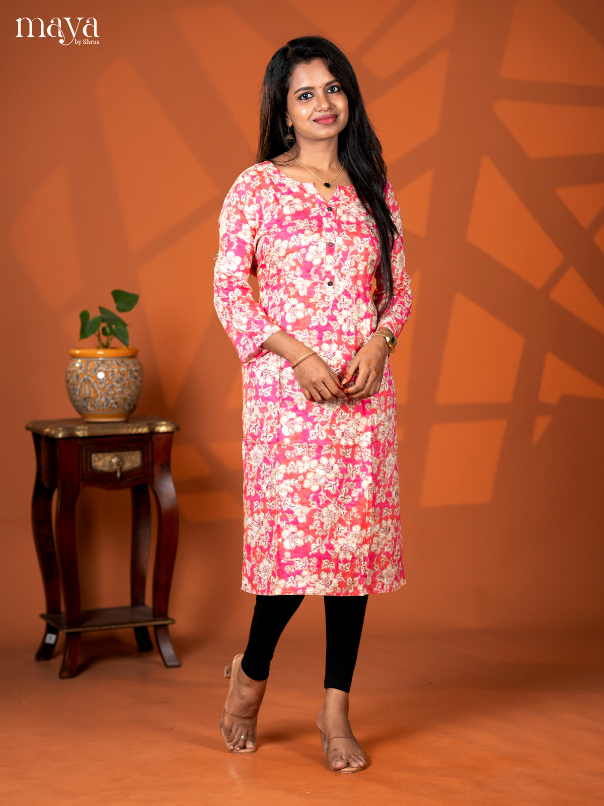 Pink Floral Printed Rayon Straight Kurti