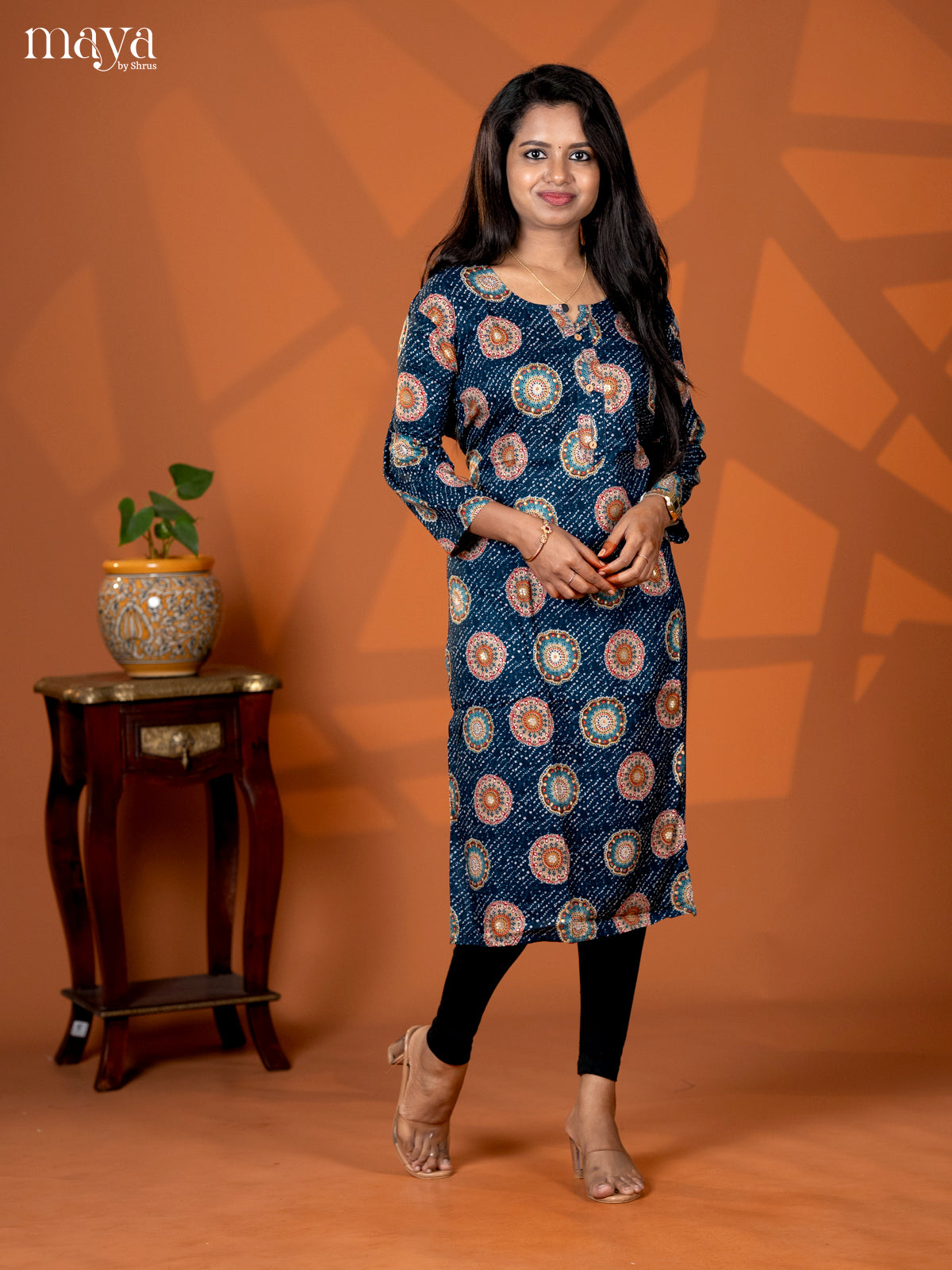 Peacock Blue Mandala Printed Rayon Straight Kurti