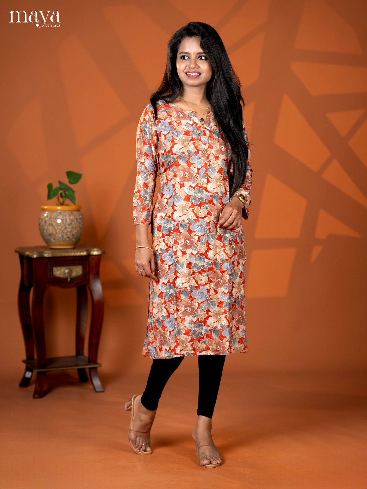 Rust Floral Printed Rayon Straight Kurti