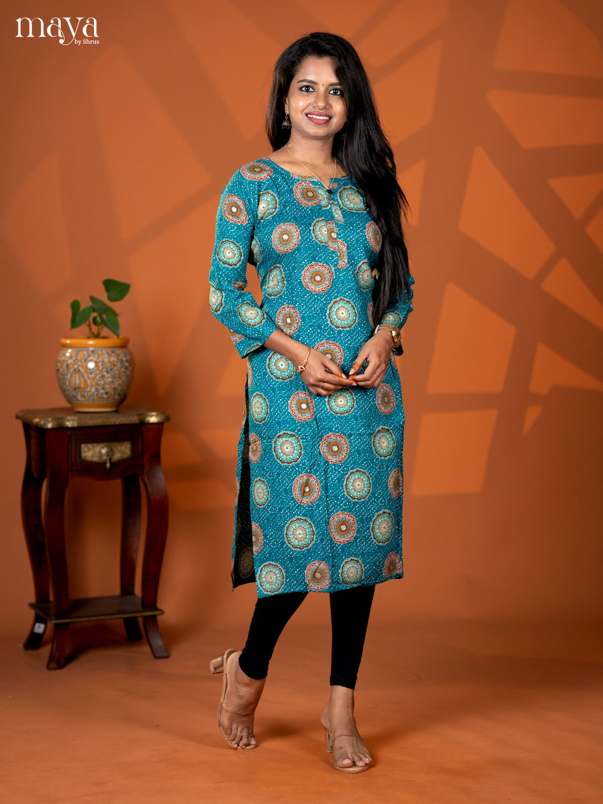 Rama Blue Mandala Printed Rayon Straight Kurti