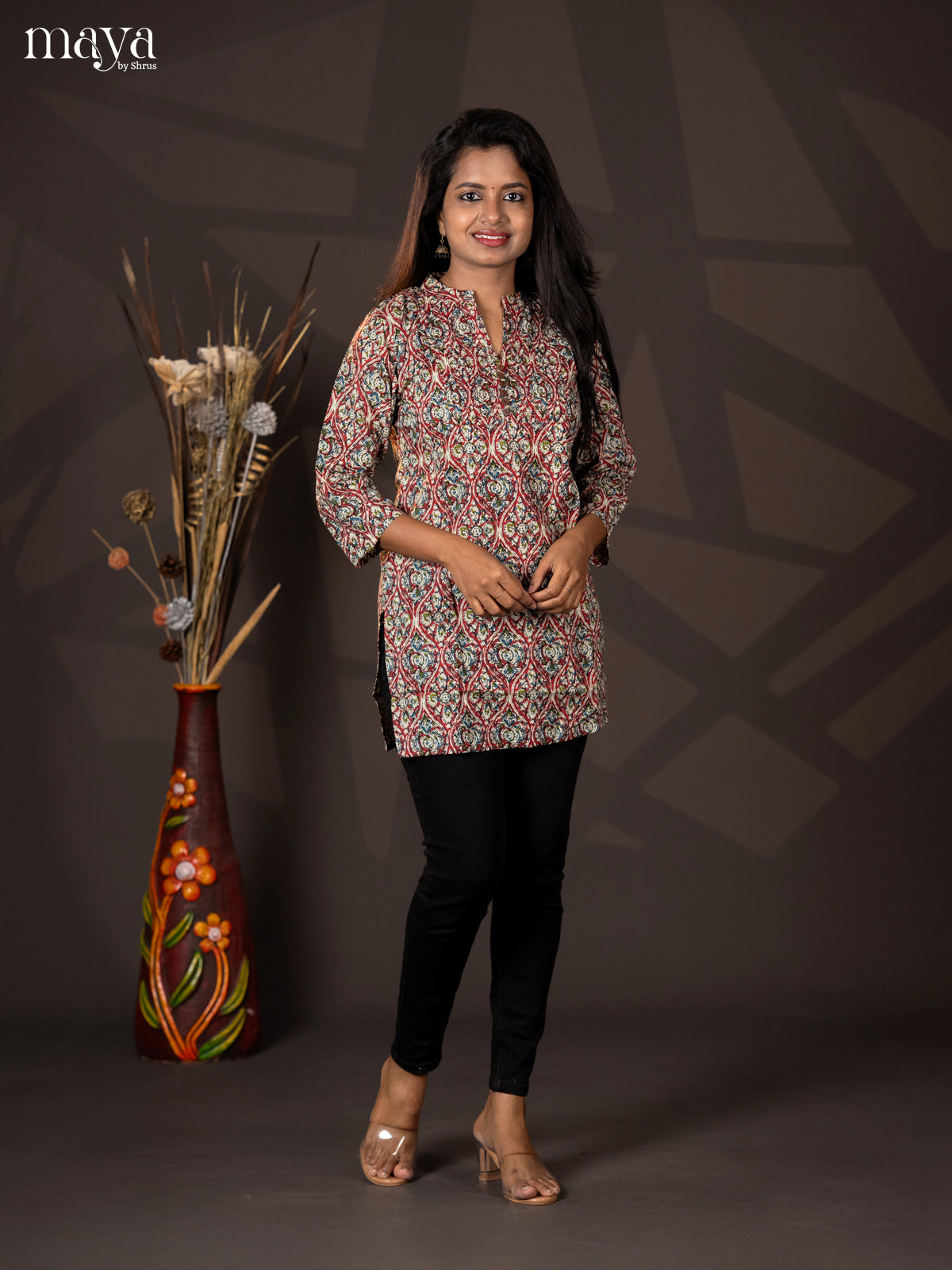Maroon Kalamkari Handblock Printed Cotton Straight Short Kurta