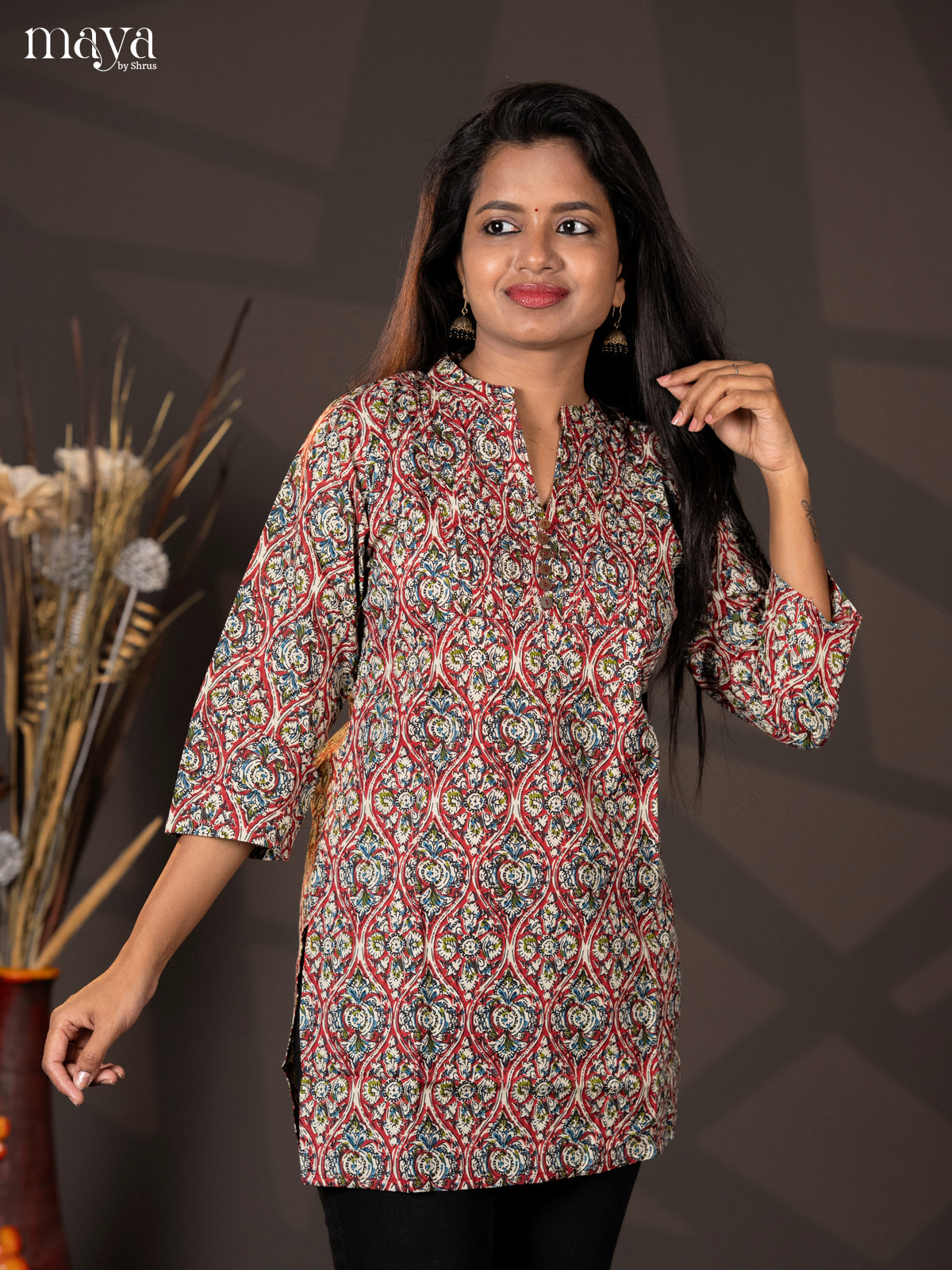 Maroon Kalamkari Handblock Printed Cotton Straight Short Kurta