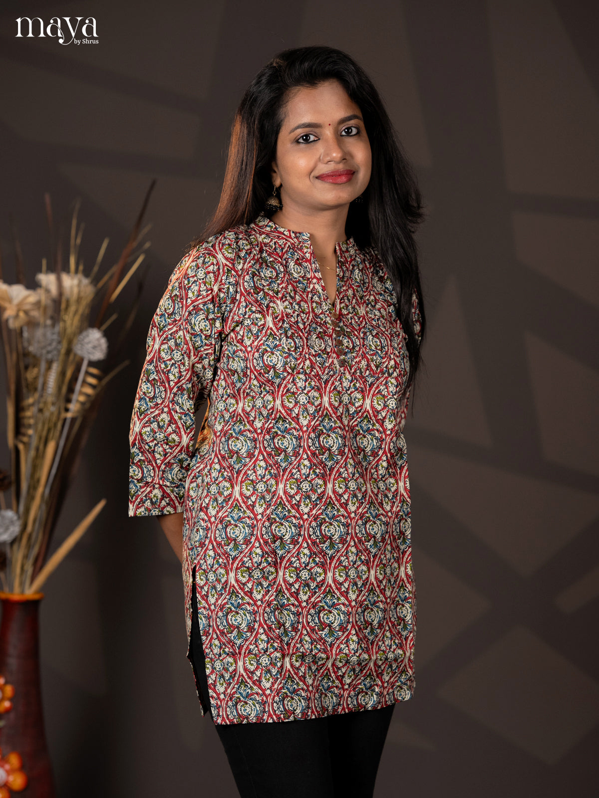 Maroon Kalamkari Handblock Printed Cotton Straight Short Kurta