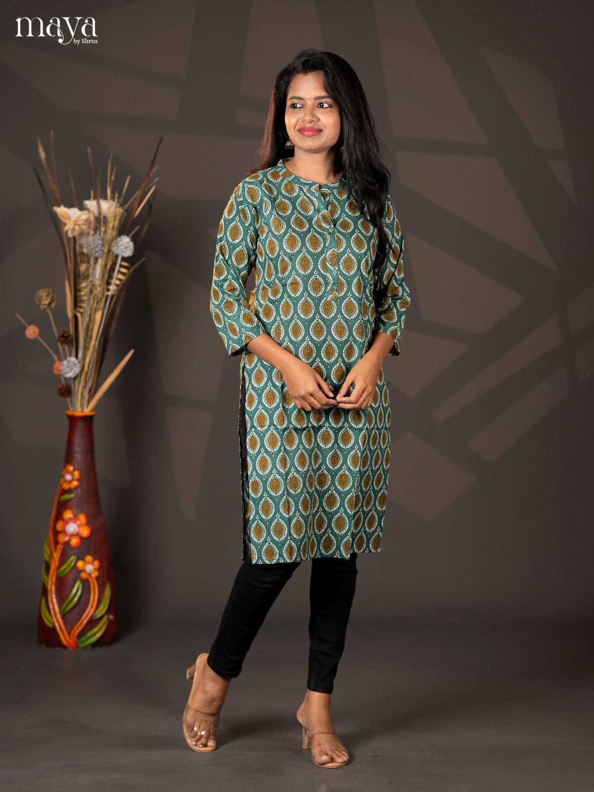 Teal Green Bagur Printed Cotton Straight Kurti