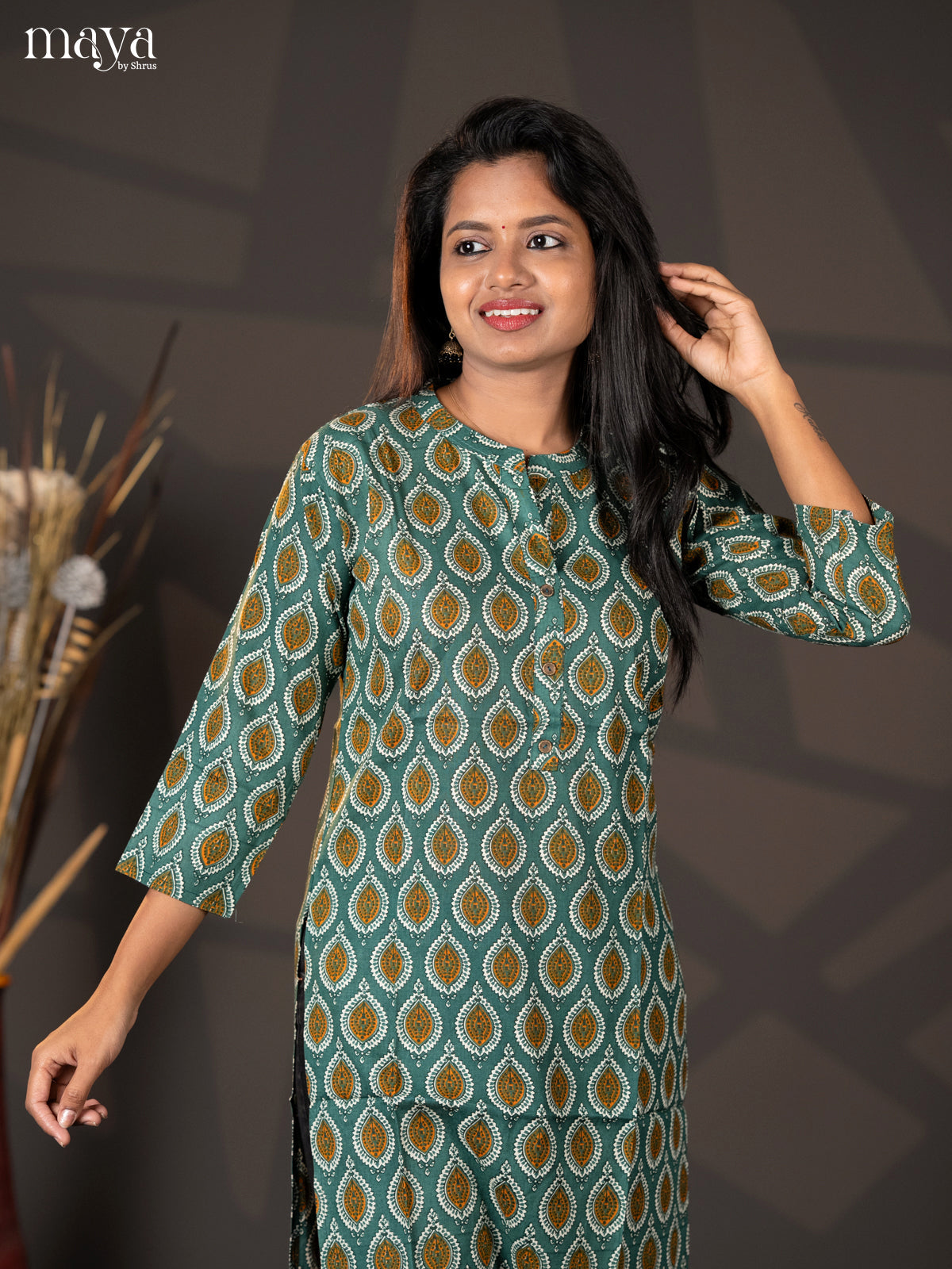 Teal Green Bagur Printed Cotton Straight Kurti