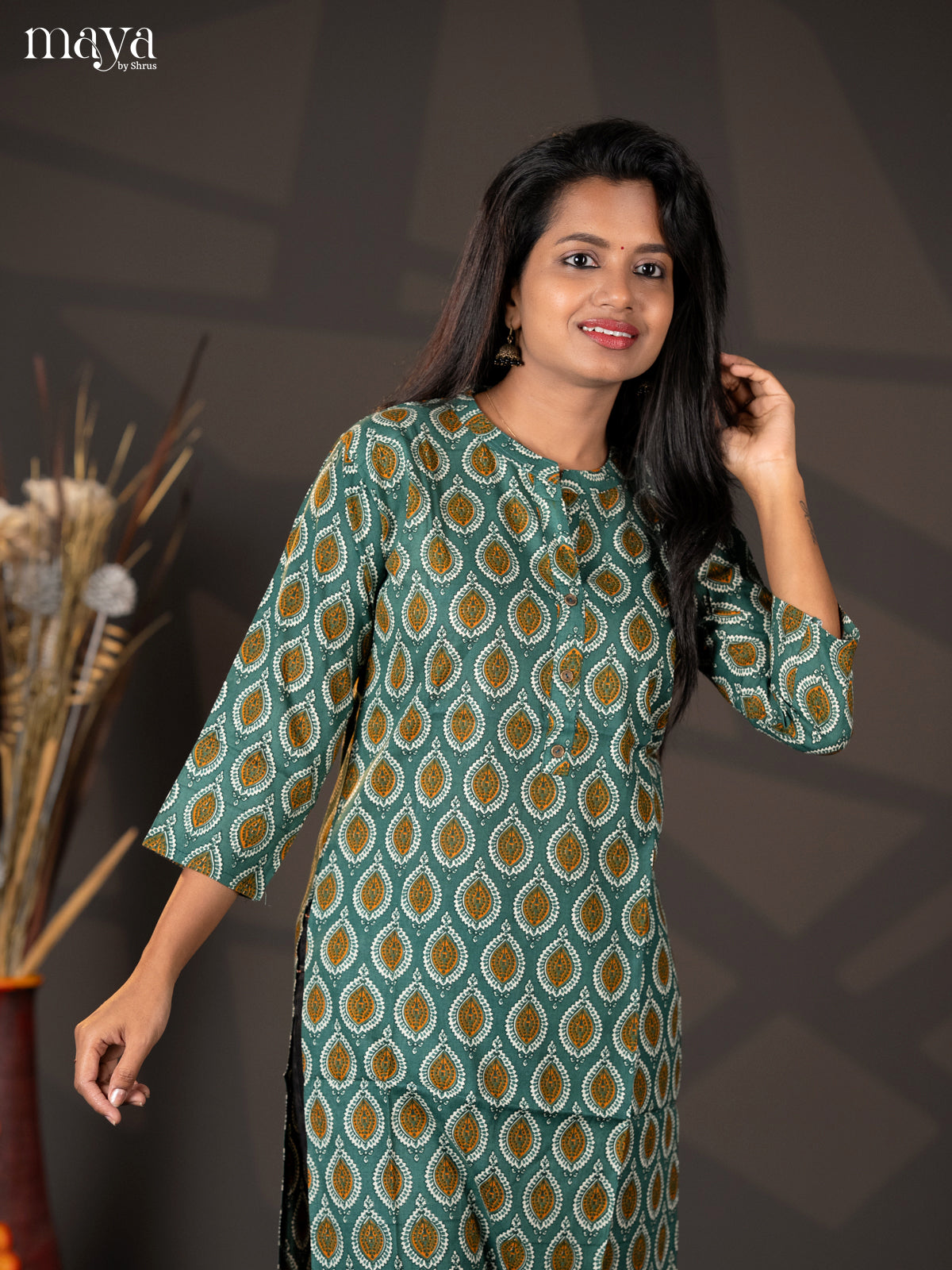 Teal Green Bagur Printed Cotton Straight Kurti