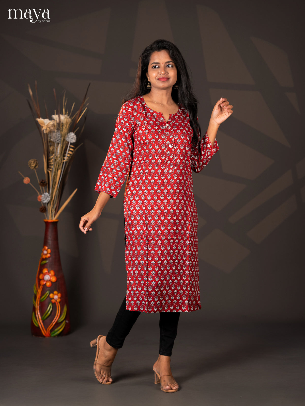 Red Floral Printed Cotton Straight Kurti
