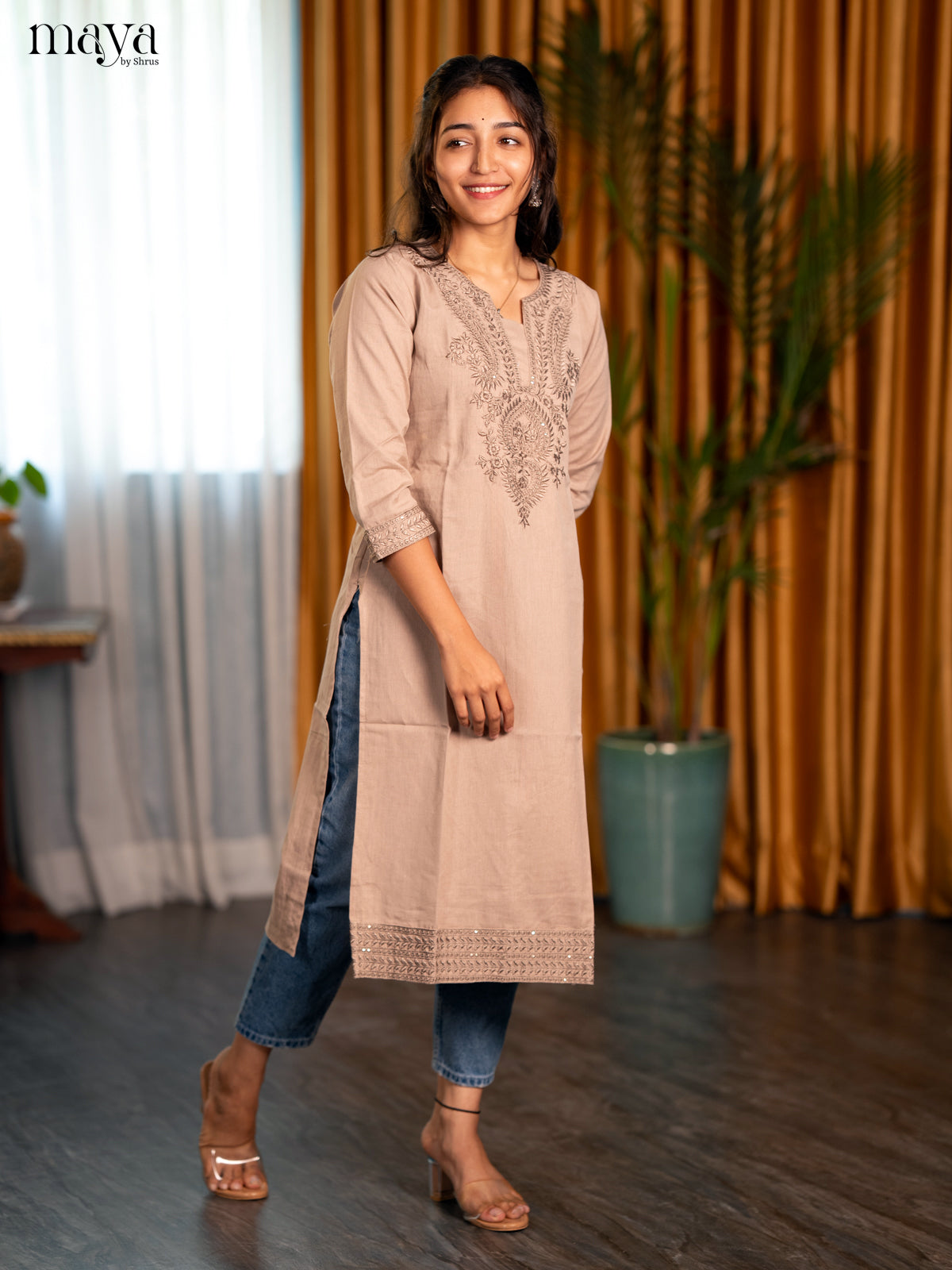 Beige Embroidered Cotton Straight Kurti