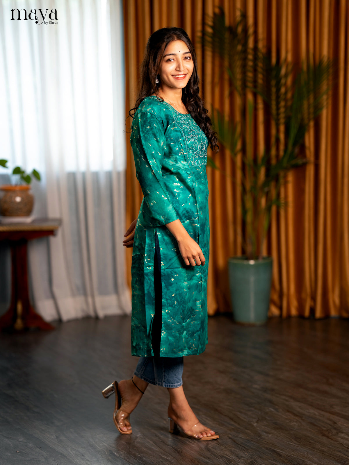 Green Printed Rayon Straight Kurti