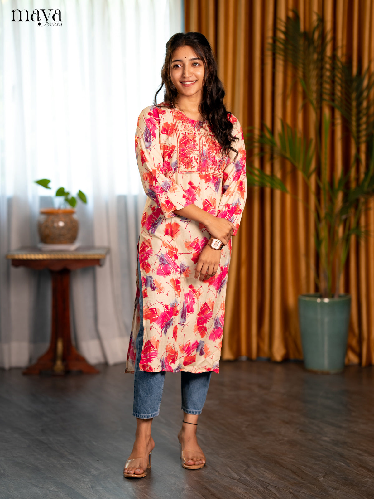 Cream Abstract Printed Rayon Straight Kurti