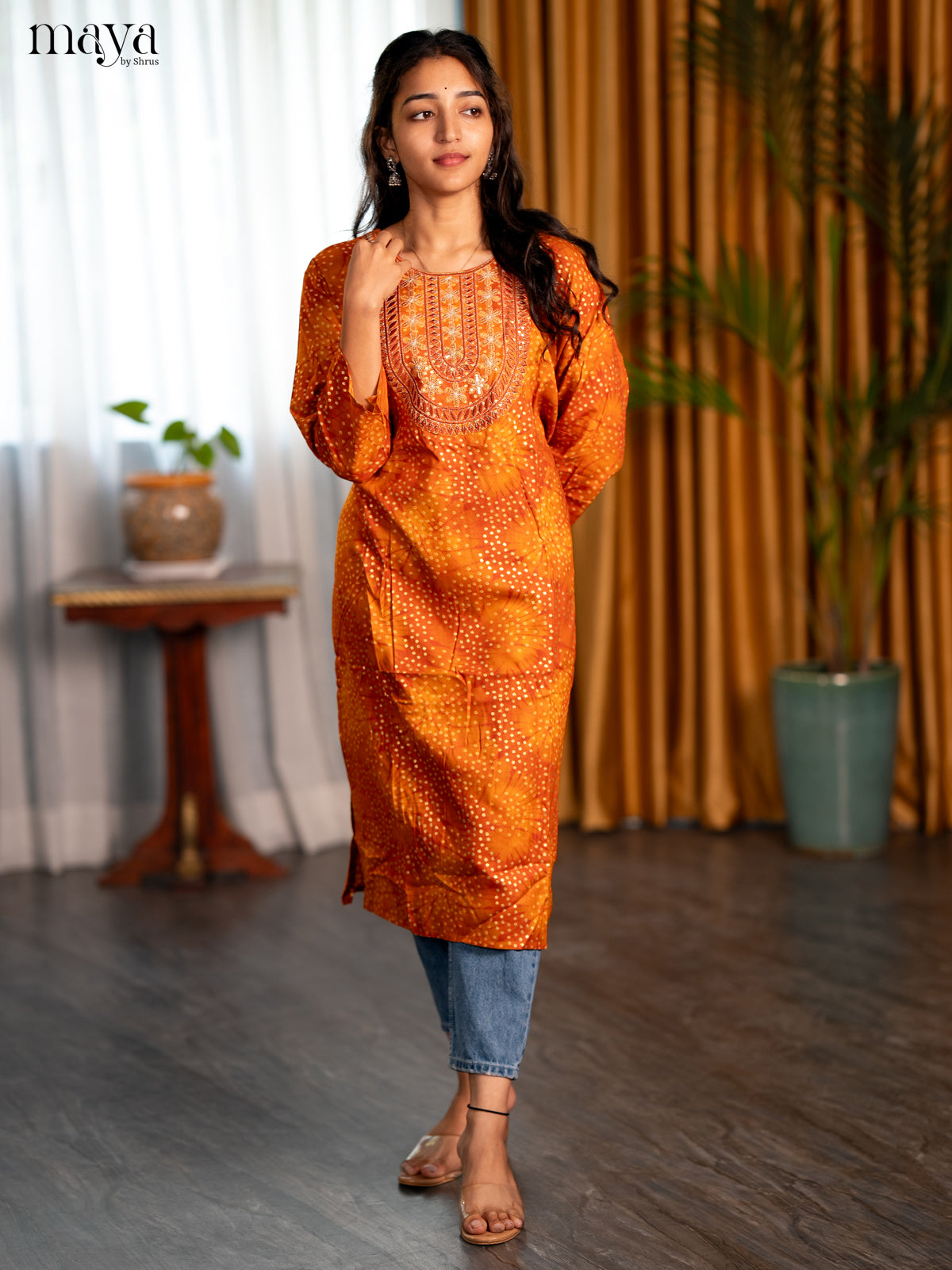 Mustrad with Orange Bandhani Printed Rayon Straight Kurti