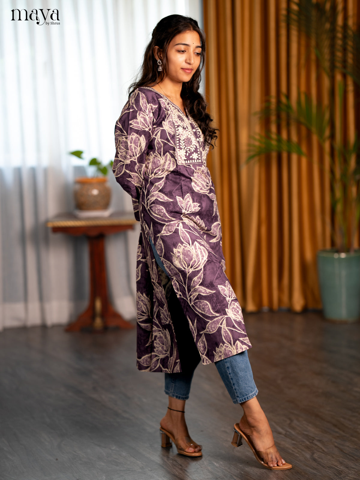 Purple Embroidered Rayon Straight Kurti