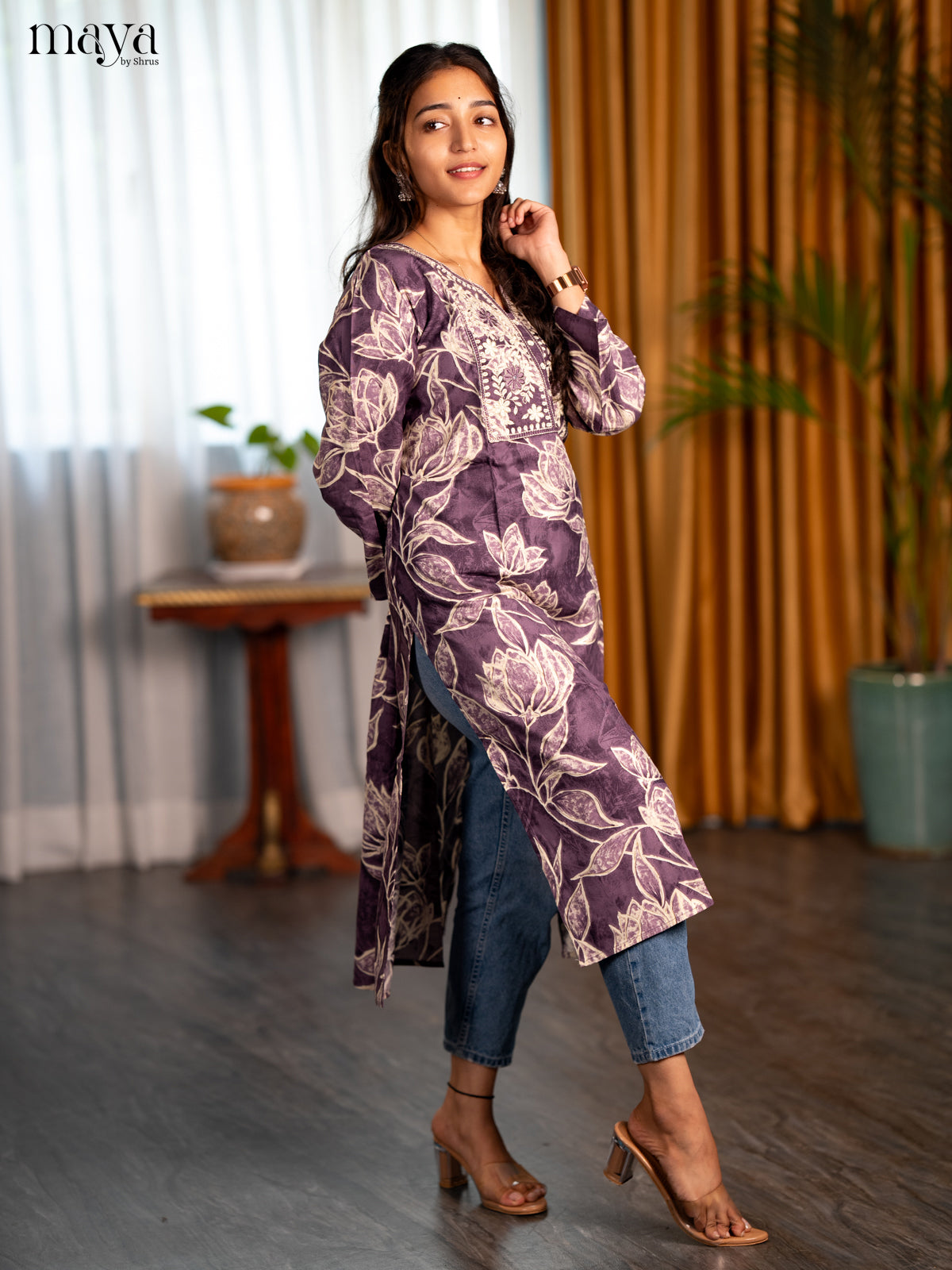Purple Embroidered Rayon Straight Kurti