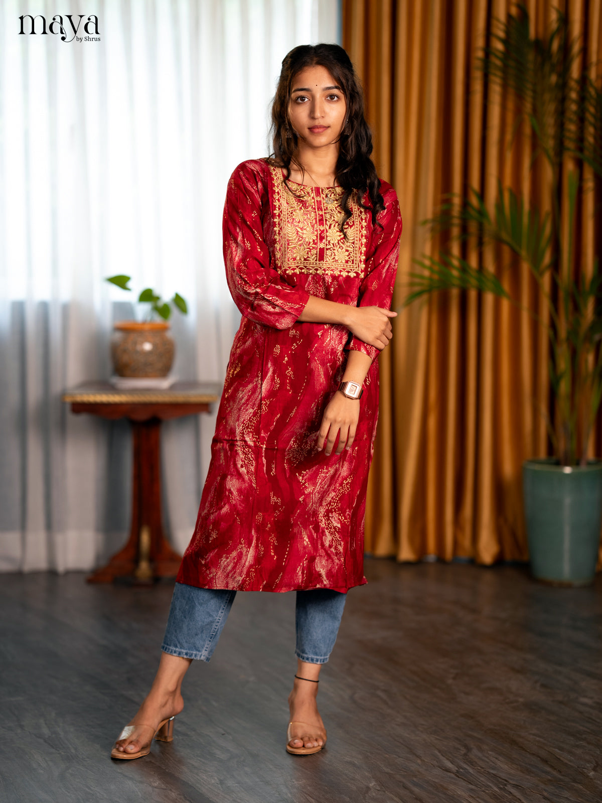 Maroon Printed Rayon Straight Kurti