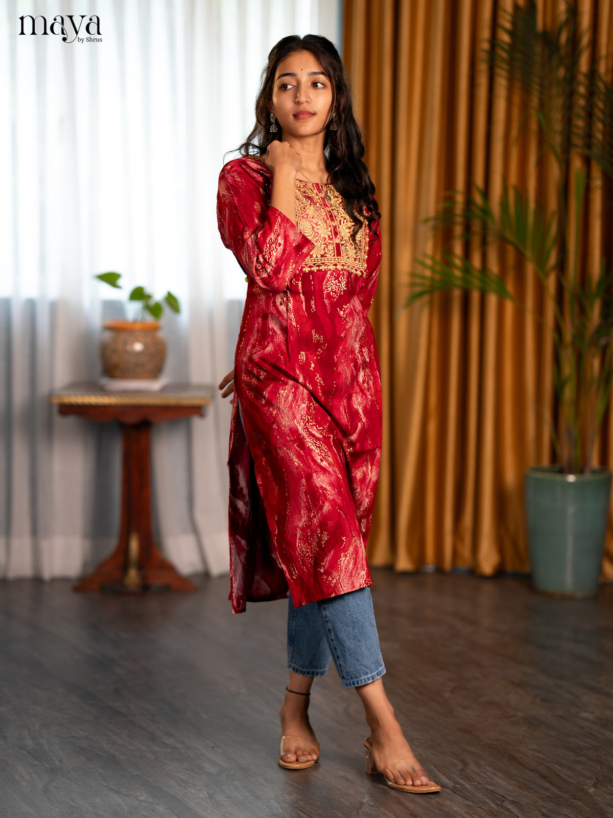 Maroon Printed Rayon Straight Kurti
