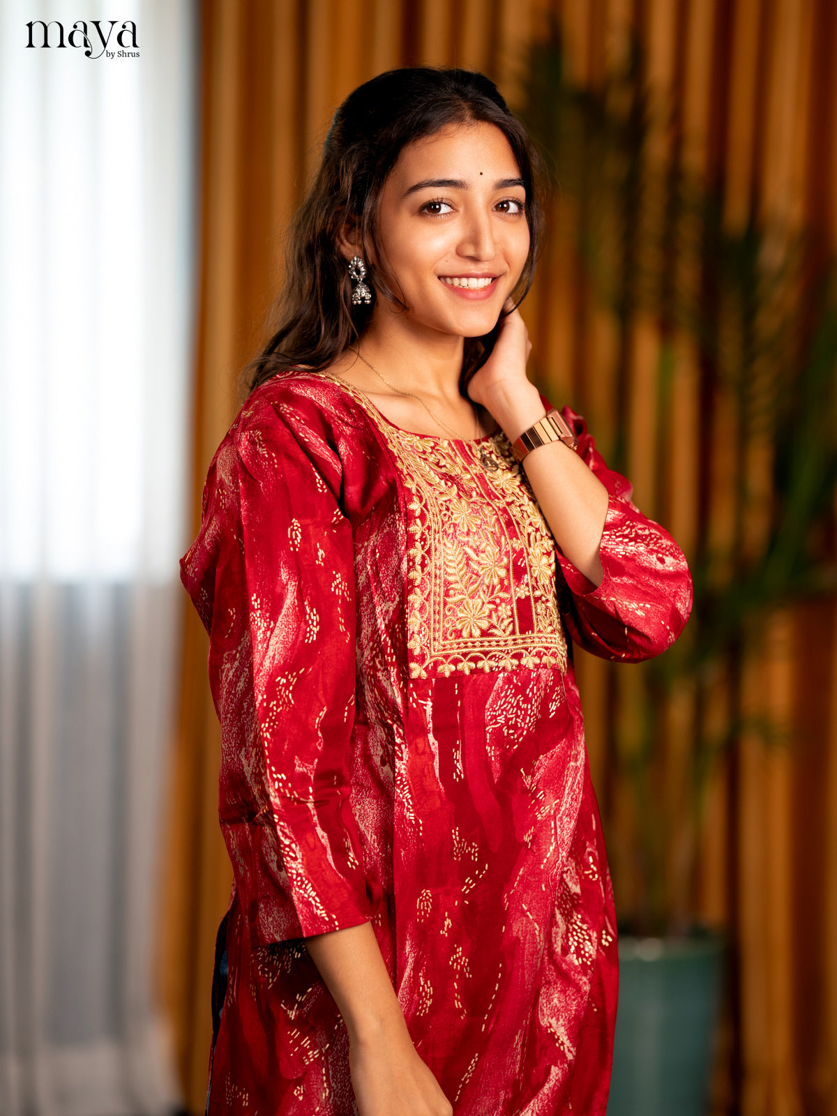 Maroon Printed Rayon Straight Kurti