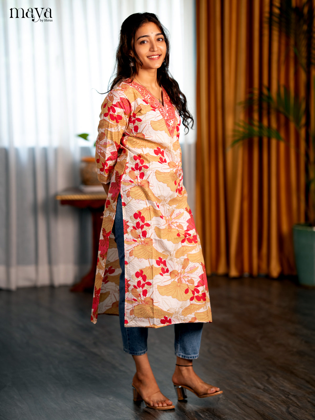 White with Pink Floral Printed Cotton Straight Kurti