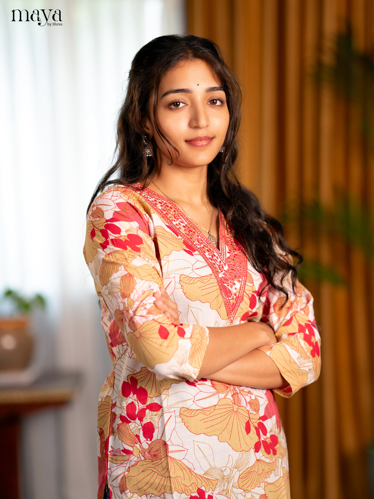 White with Pink Floral Printed Cotton Straight Kurti