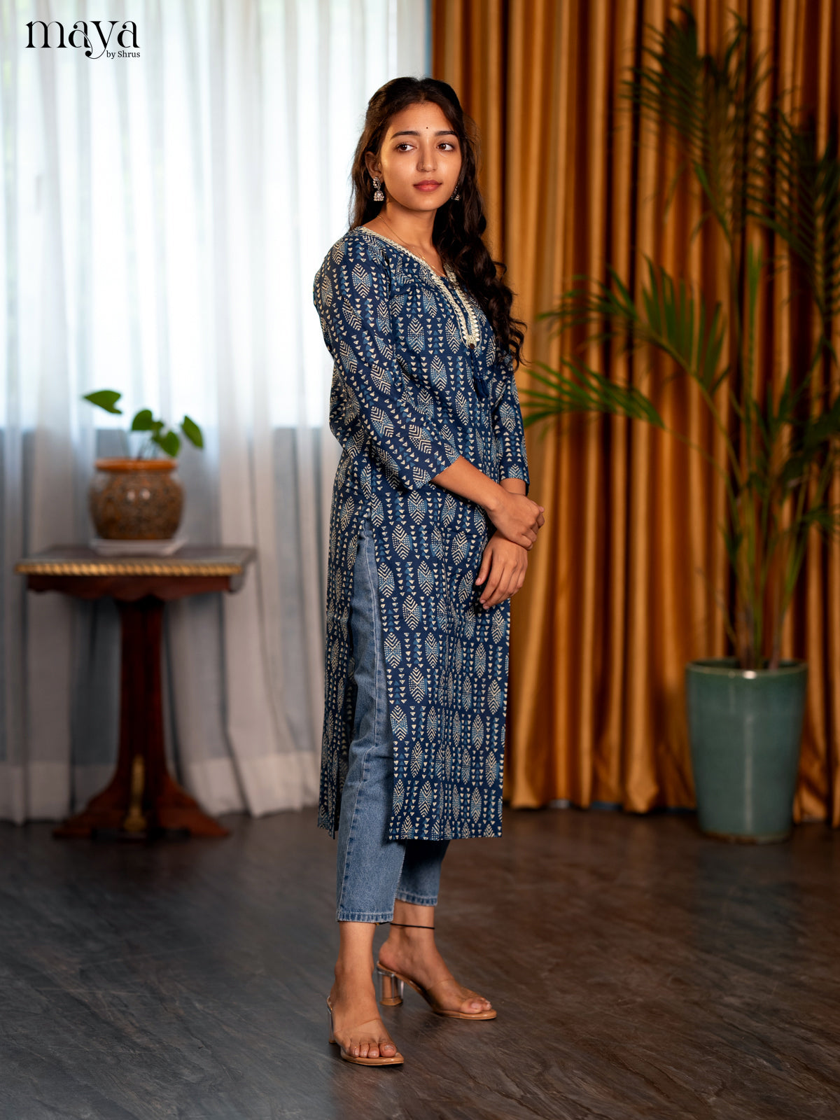 Indigo Blue Geometric Printed Cotton Straight Kurti