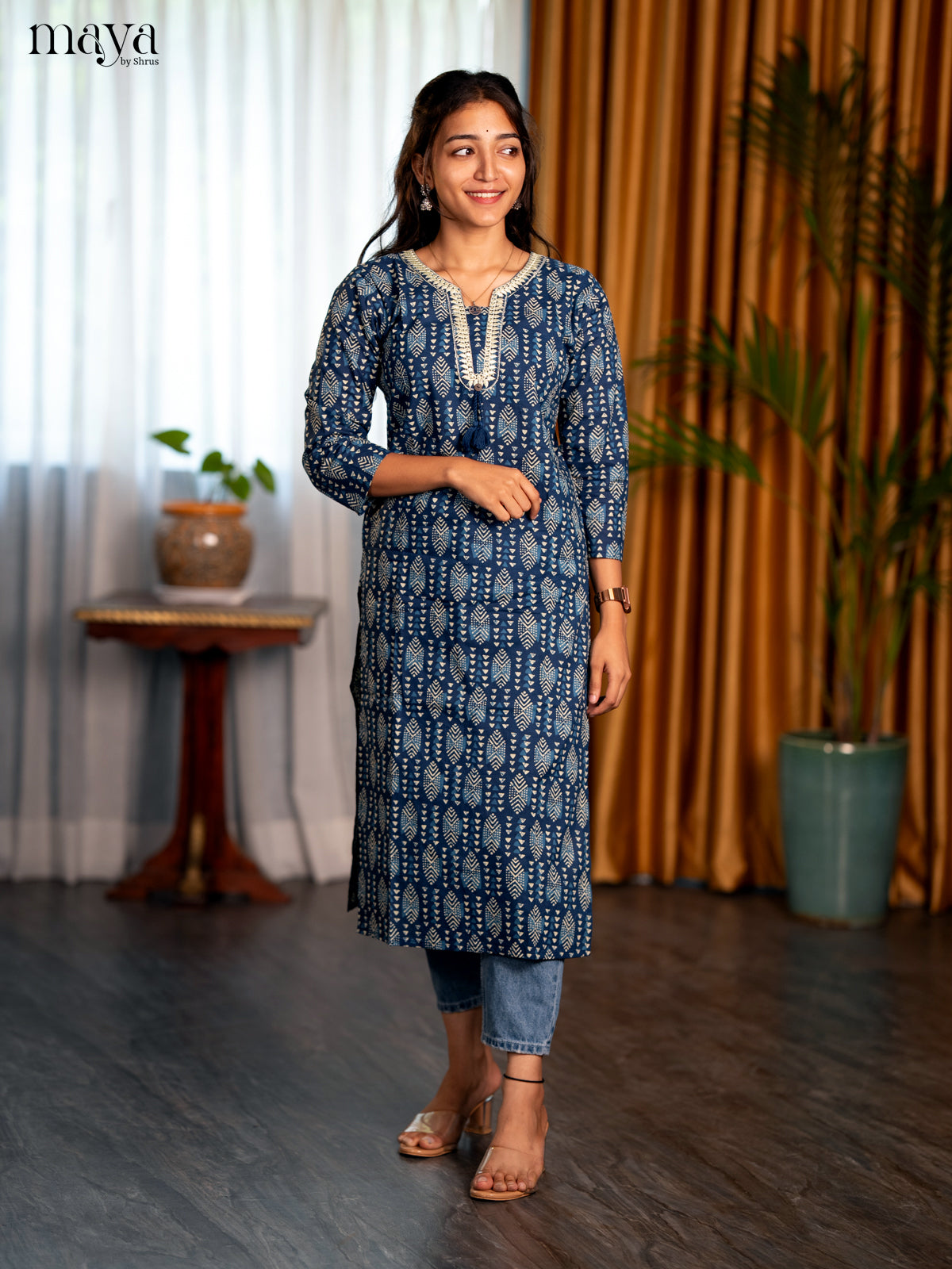 Indigo Blue Geometric Printed Cotton Straight Kurti
