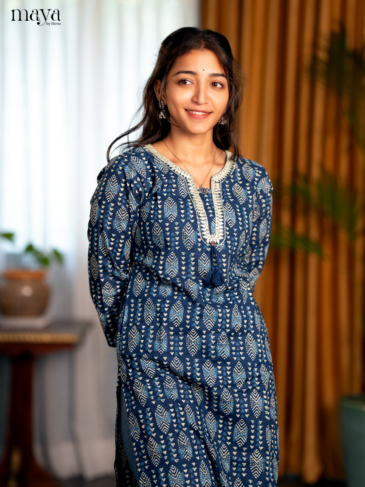 Indigo Blue Geometric Printed Cotton Straight Kurti