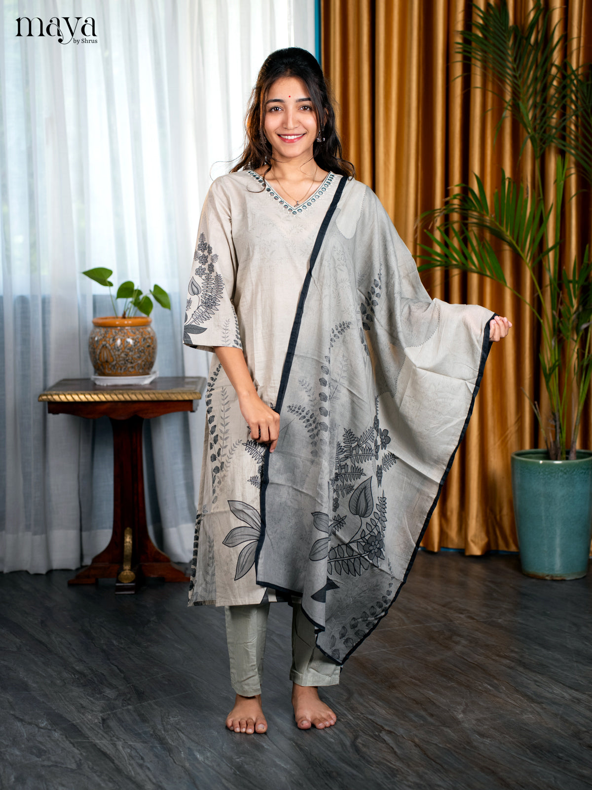 Pastel Green Cotton 3pc Salwar Suit with Floral Print - Top, Bottom & Dupatta