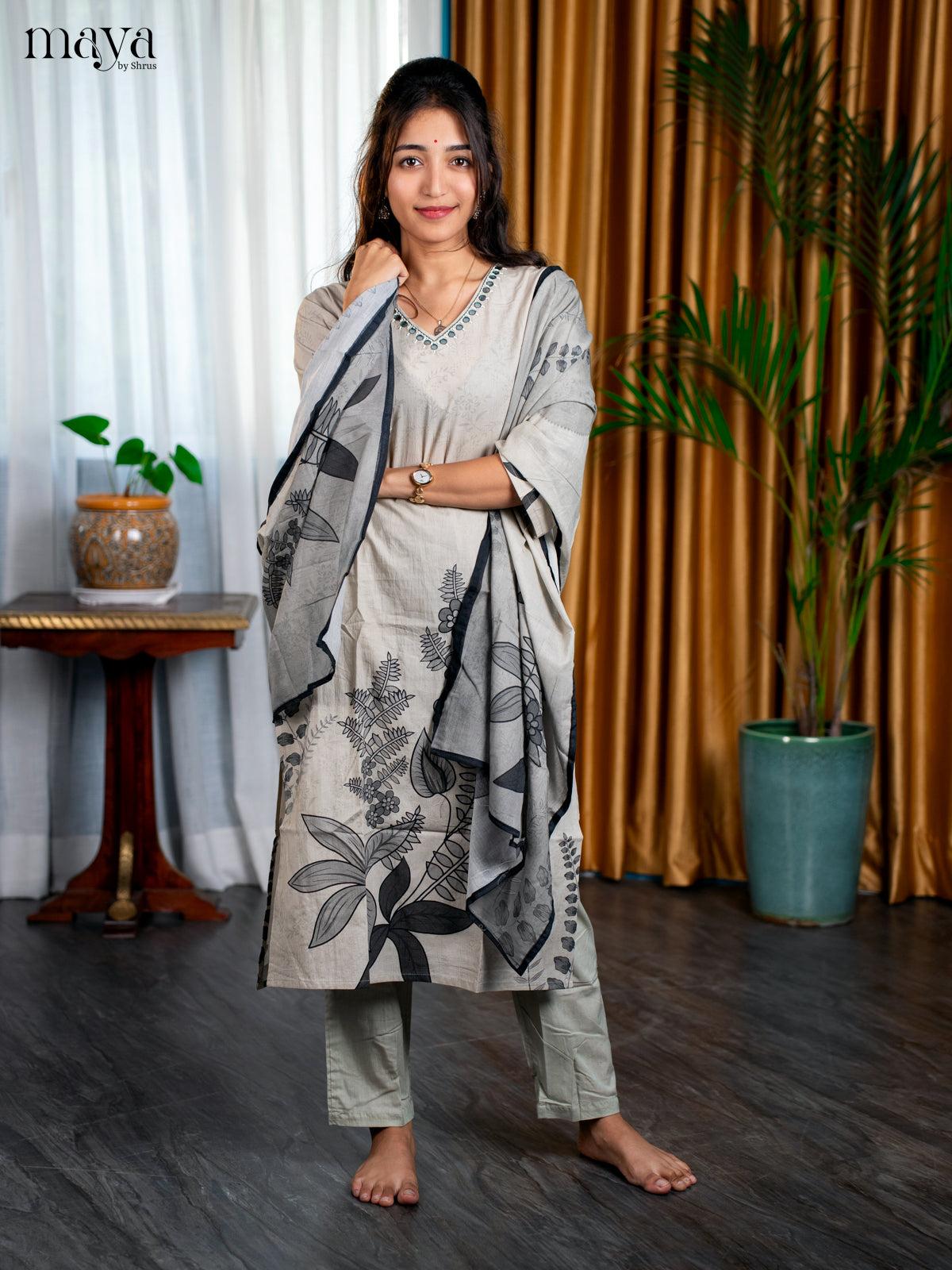 Pastel Green Cotton 3pc Salwar Suit with Floral Print - Top, Bottom & Dupatta