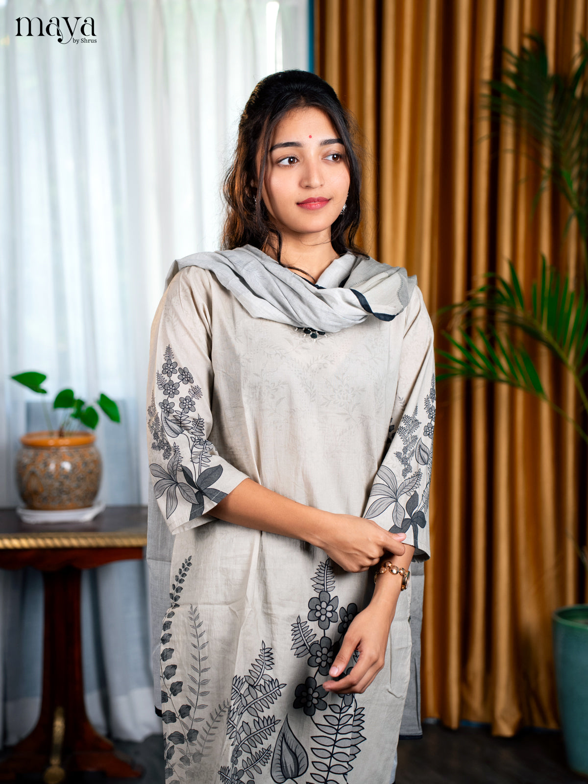 Pastel Green Cotton 3pc Salwar Suit with Floral Print - Top, Bottom & Dupatta