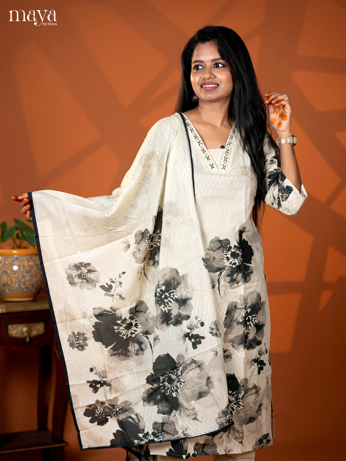 Embroidered Cotton 3pc peach Green Salwar Suit - Top, Bottom & Dupatta