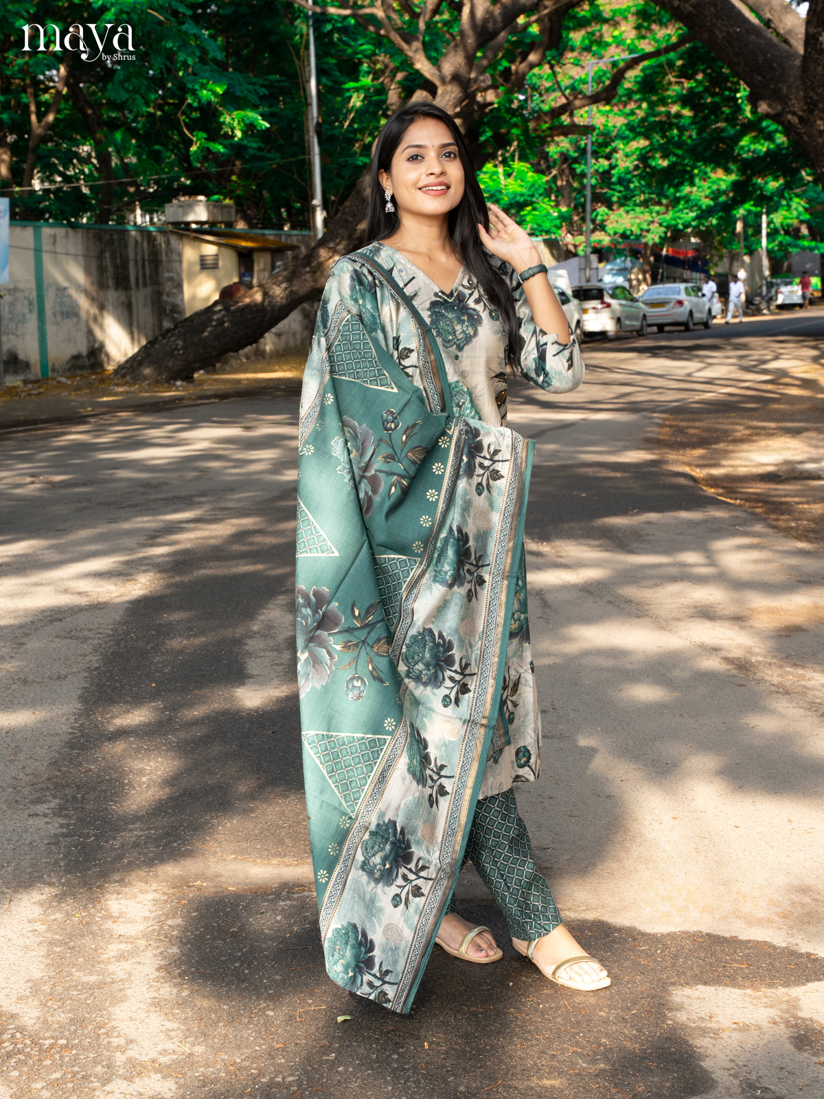 Pastel Green with Bottle Green Rayon 3pc Salwar Suit with Floral Print - Top,Bottom & Dupatta