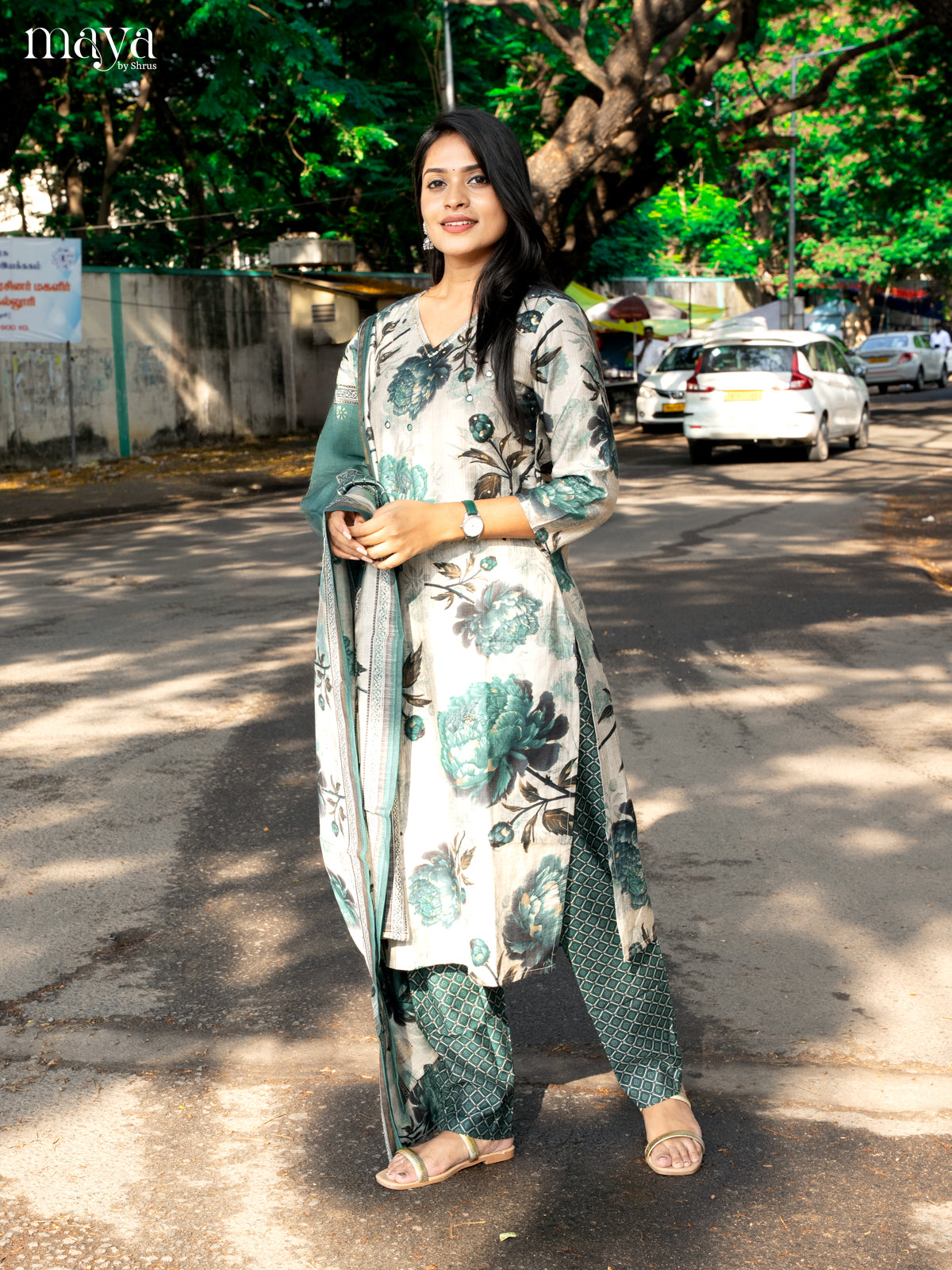 Pastel Green with Bottle Green Rayon 3pc Salwar Suit with Floral Print - Top,Bottom & Dupatta