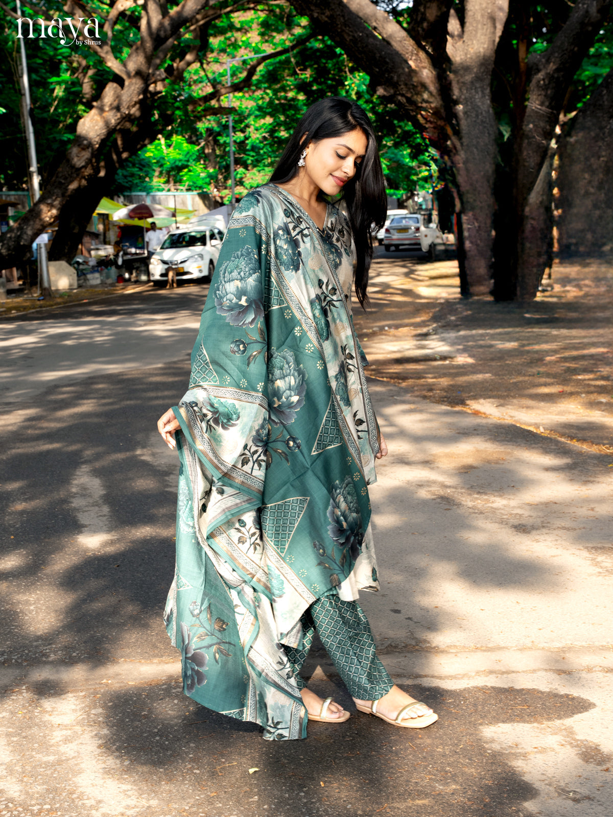 Pastel Green with Bottle Green Rayon 3pc Salwar Suit with Floral Print - Top,Bottom & Dupatta