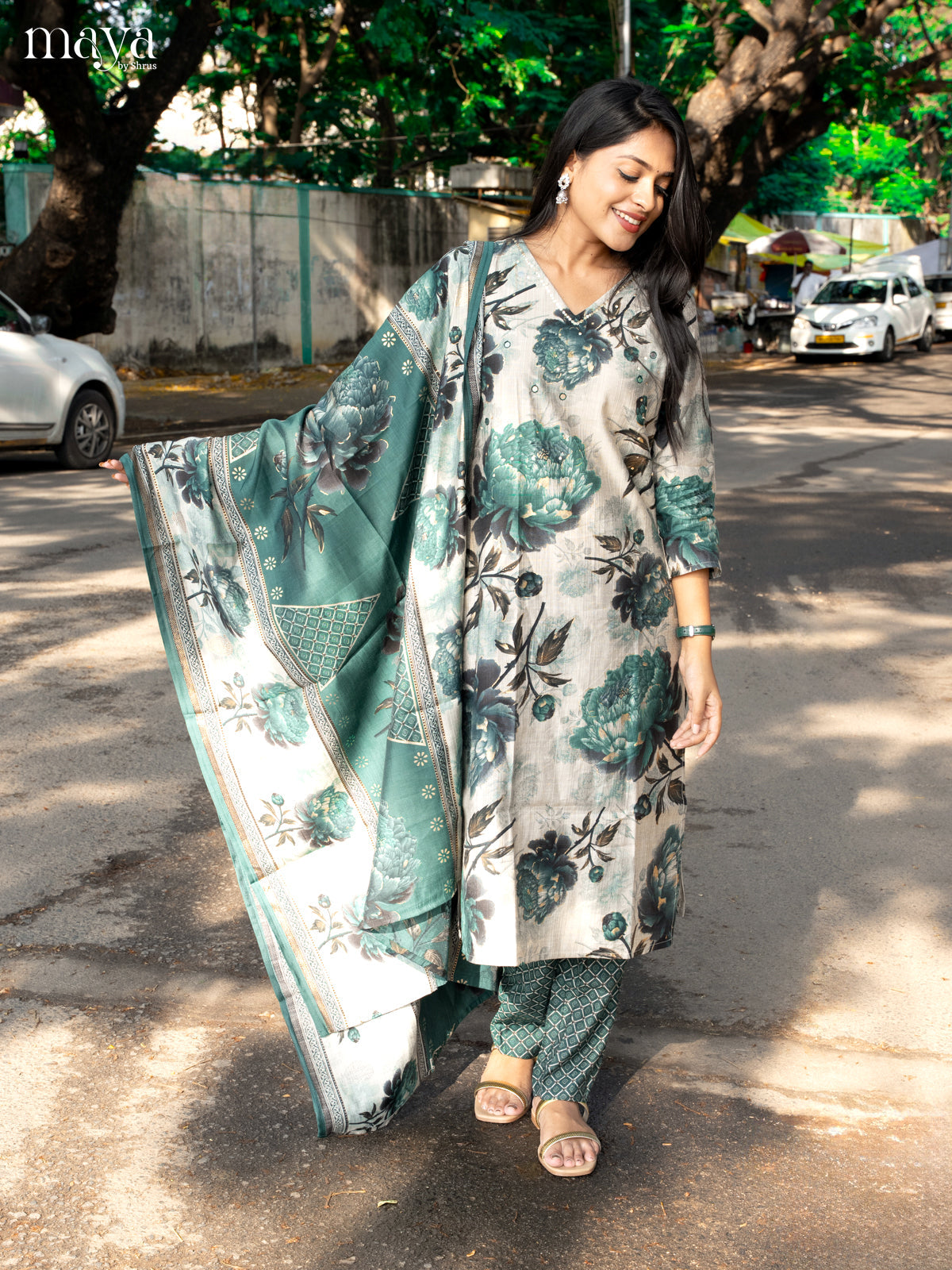 Pastel Green with Bottle Green Rayon 3pc Salwar Suit with Floral Print - Top,Bottom & Dupatta