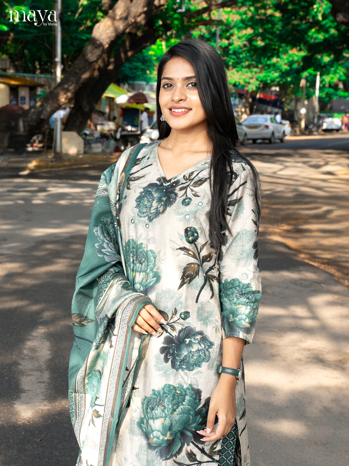 Pastel Green with Bottle Green Rayon 3pc Salwar Suit with Floral Print - Top,Bottom & Dupatta