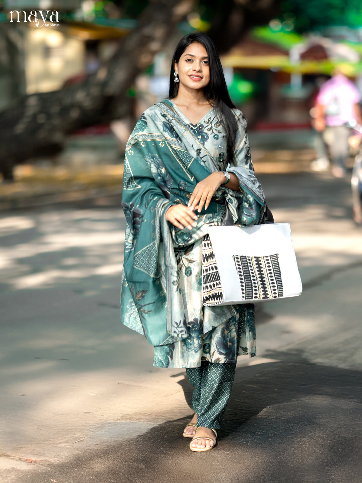 Pastel Green with Bottle Green Rayon 3pc Salwar Suit with Floral Print - Top,Bottom & Dupatta