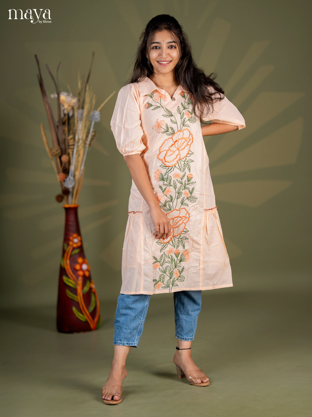 Peach Floral Printed Cotton Frock