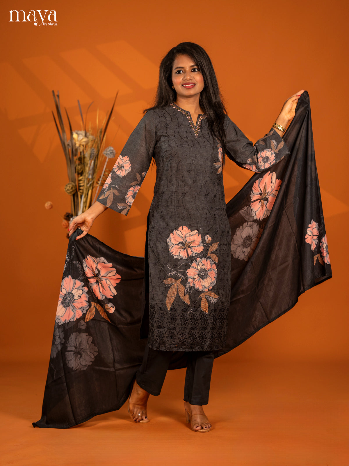 Grey Cotton 3pc Salwar Suit with Chikankari Floral Print - Top, Bottom & Dupatta