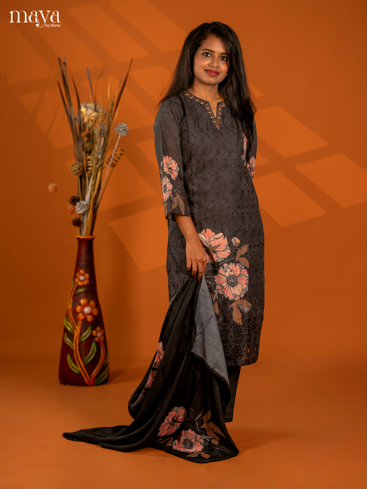 Grey Cotton 3pc Salwar Suit with Chikankari Floral Print - Top, Bottom & Dupatta